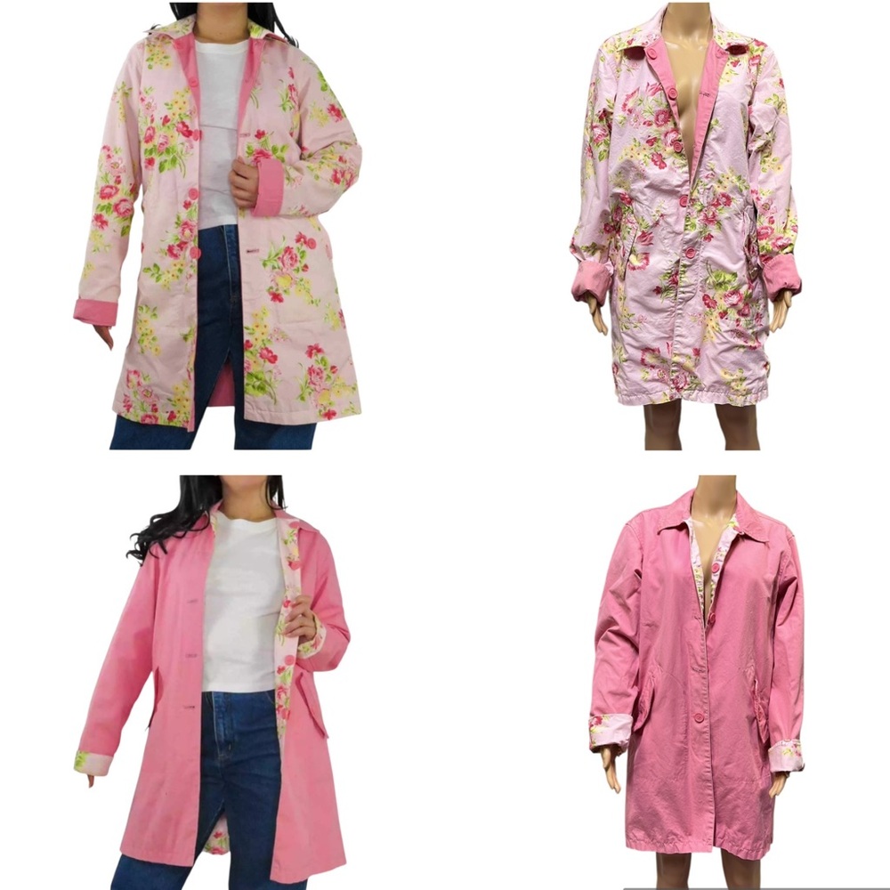 Vintage Pink Floral Reversible Button Flap Pockets Collared Jacket Coat Size XL